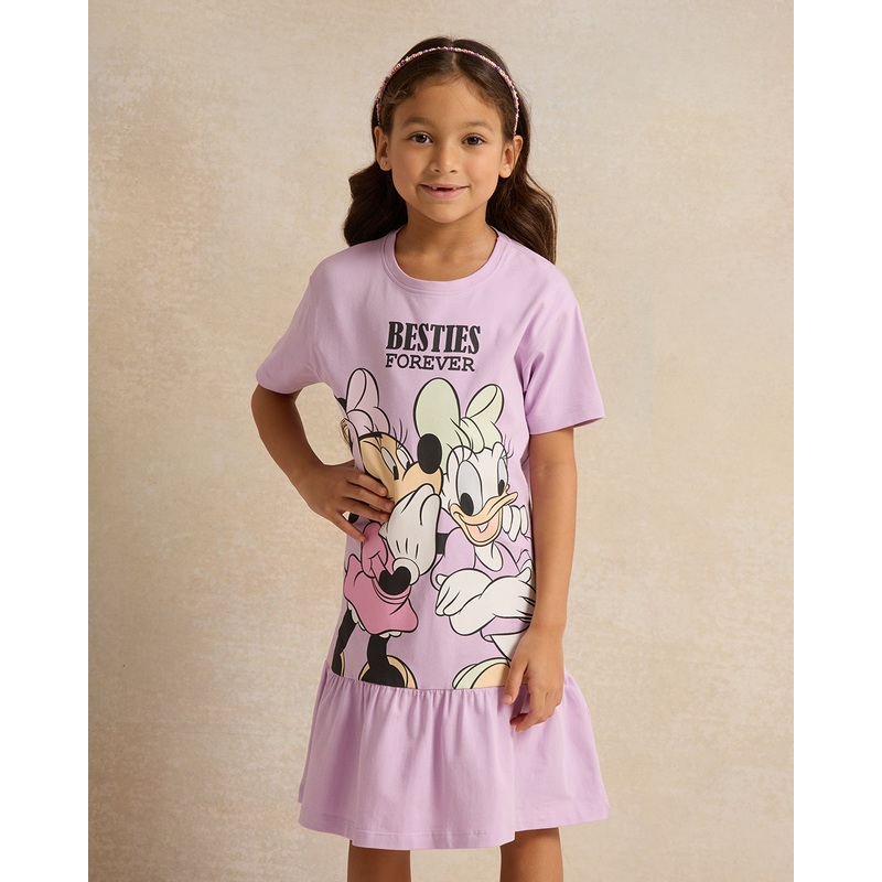 Girls Purple Minnie Mouse & Daisy Duck Print Dress