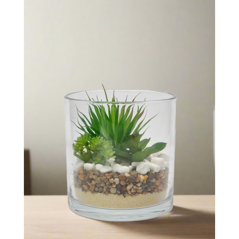 Green Artificial Succulent Arrangement In Glass Planter