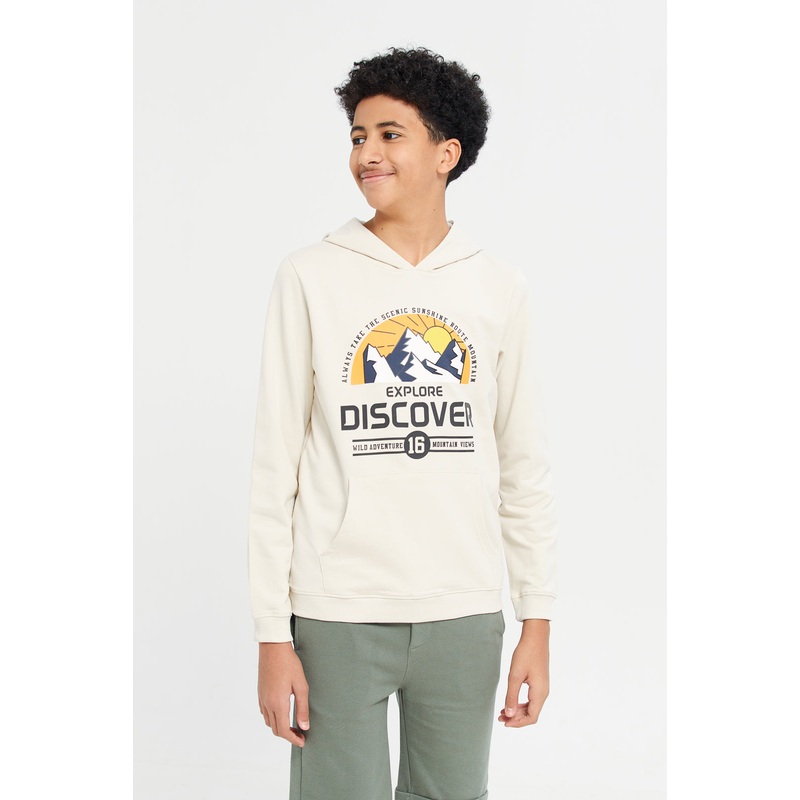Senior Boys Beige Hoody Graphic Sweatshirt