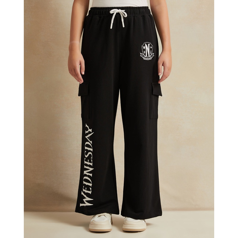 Senior Girls Black Wednesday Print Cargo Pants