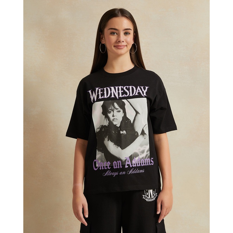 Senior Girls Black Wednesday Print Oversize T-shirt
