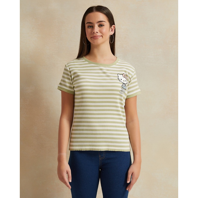 Senior Girls White And Green Striped Hello Kitty Top