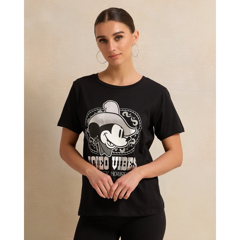 Women Black Mickey Mouse Printed T-Shirt