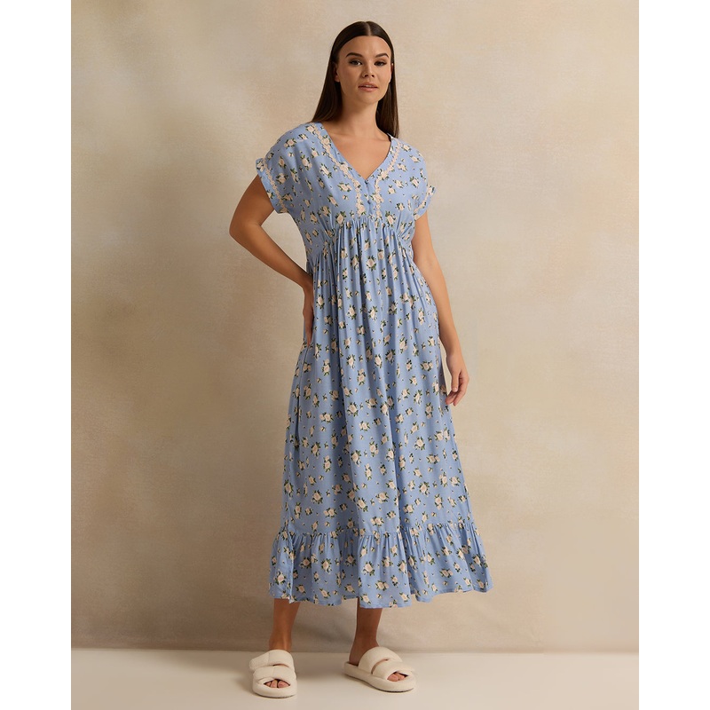 Women Blue Printed Cap Sleeves Nightgown