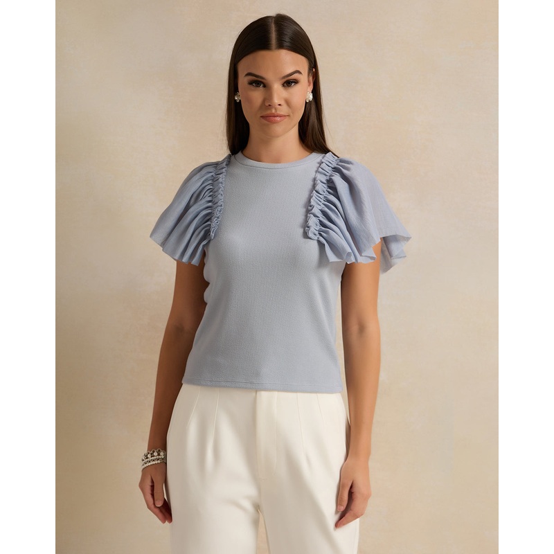 Women Blue Ruffled Organza Sleeves Detailed Top