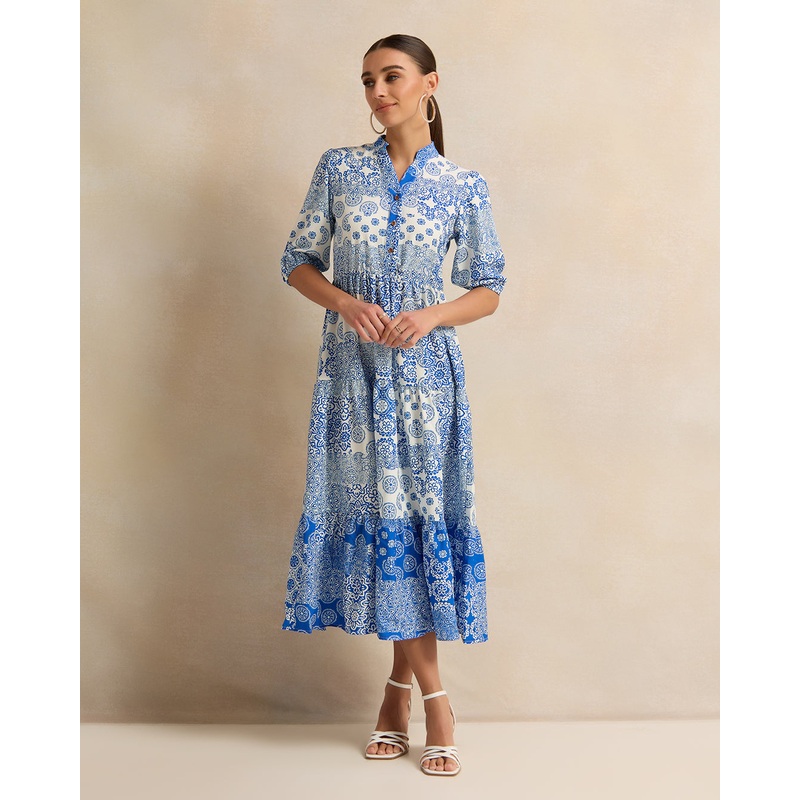 Women Blue Scarf Printed Tiered Dress