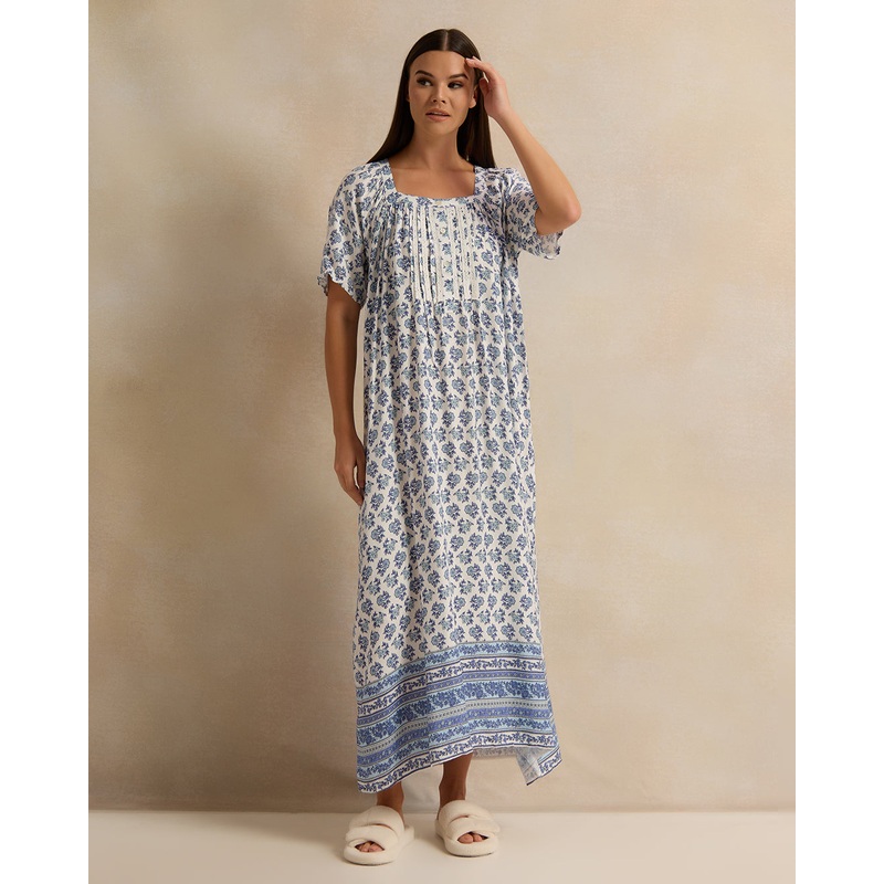 Women Blue Short Sleeve Printed Dobby Nightgown