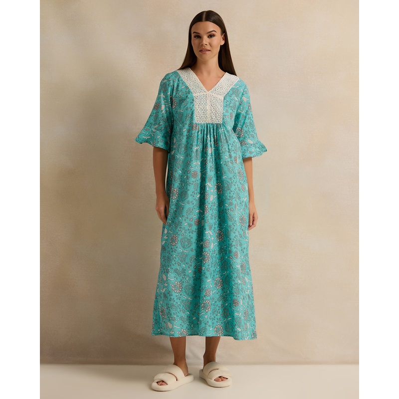 Women Blue Short Sleeve Printed Lace Nightgown