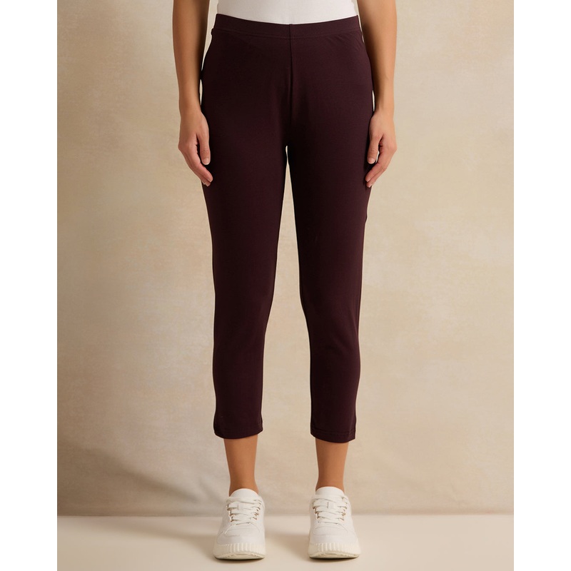 Women Burgundy And Black Plain Leggings Set (Pack Of 2)