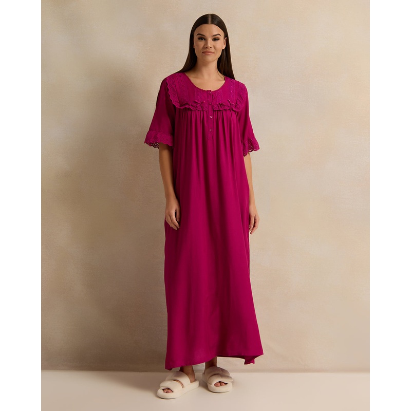 Women Fuchsia Solid Frill Lace Nightgown