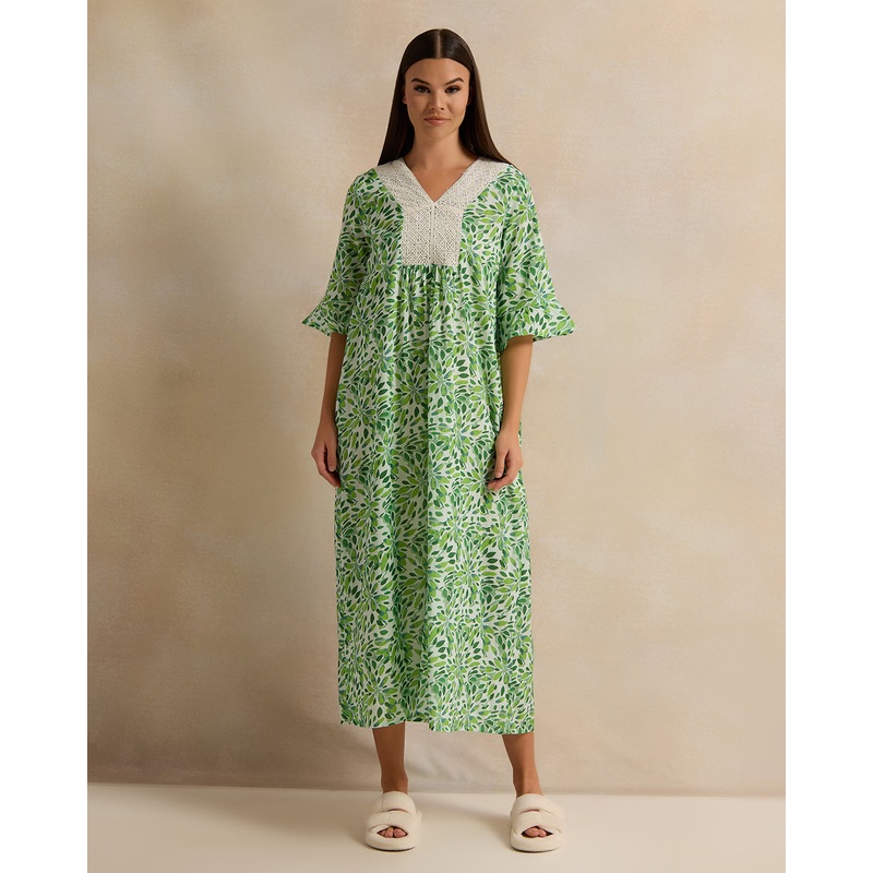 Women Green Short Sleeve Printed Lace Nightgown