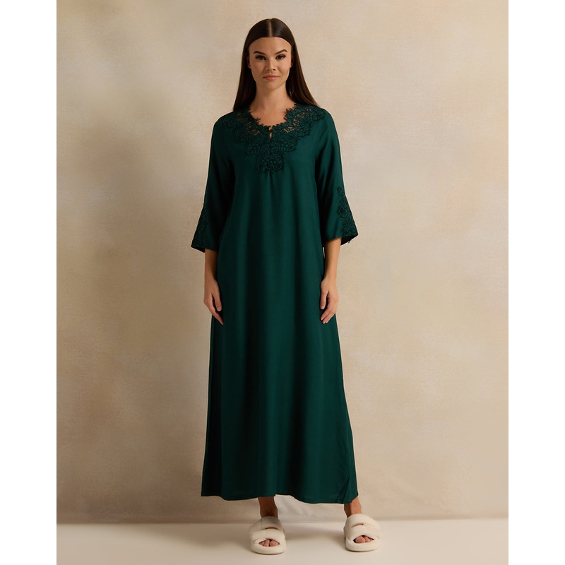 Women Green Solid Lace Nightgown