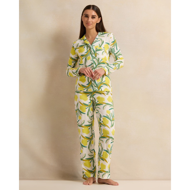 Women Ivory Printed Collared Pyjama Set (2 Piece)