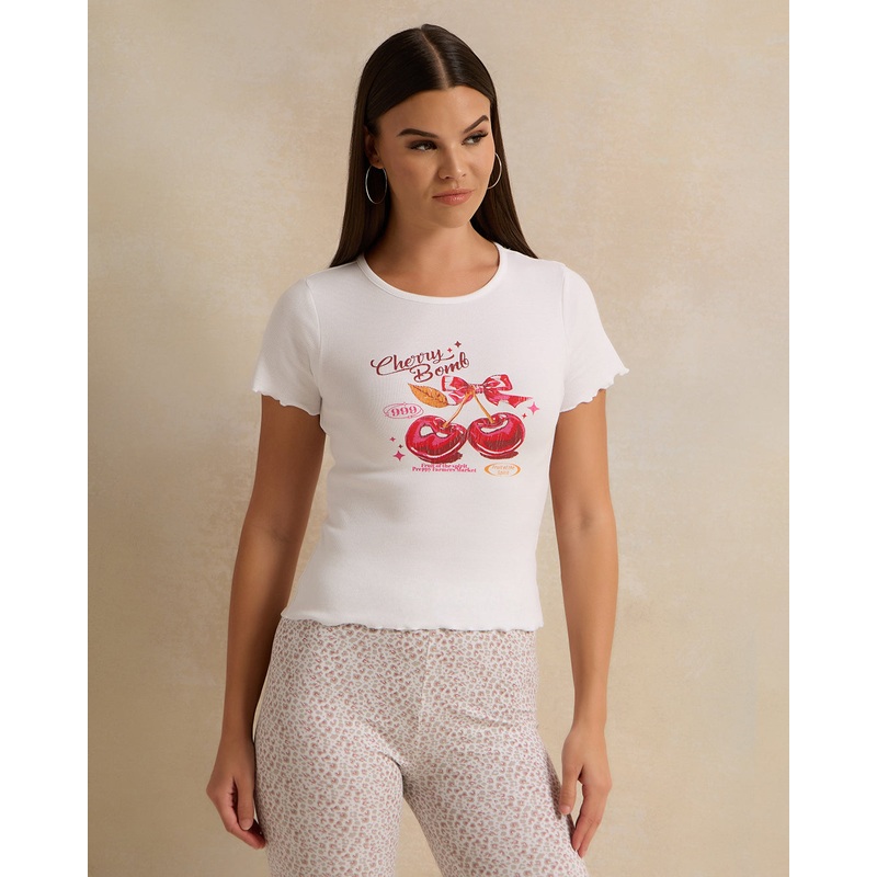 Women Ivory Printed Rib T-Shirt