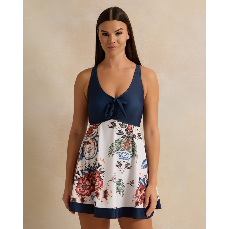 Women Navy And White Printed Swim Dress