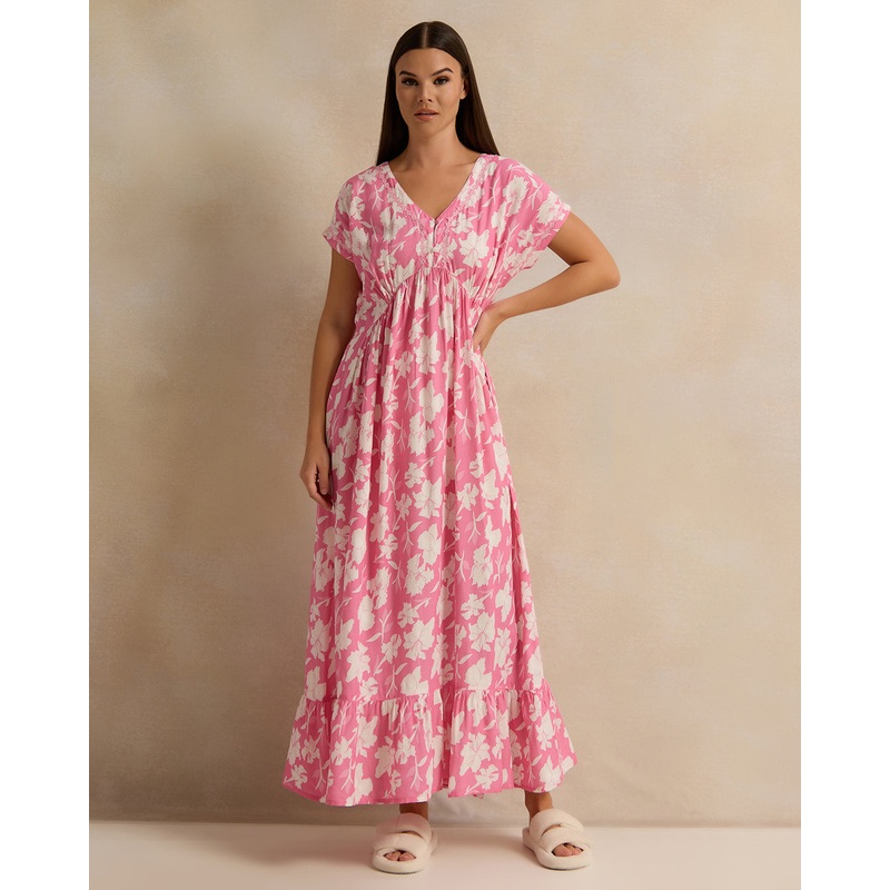 Women Pink And White Cap Sleeves Nightgown