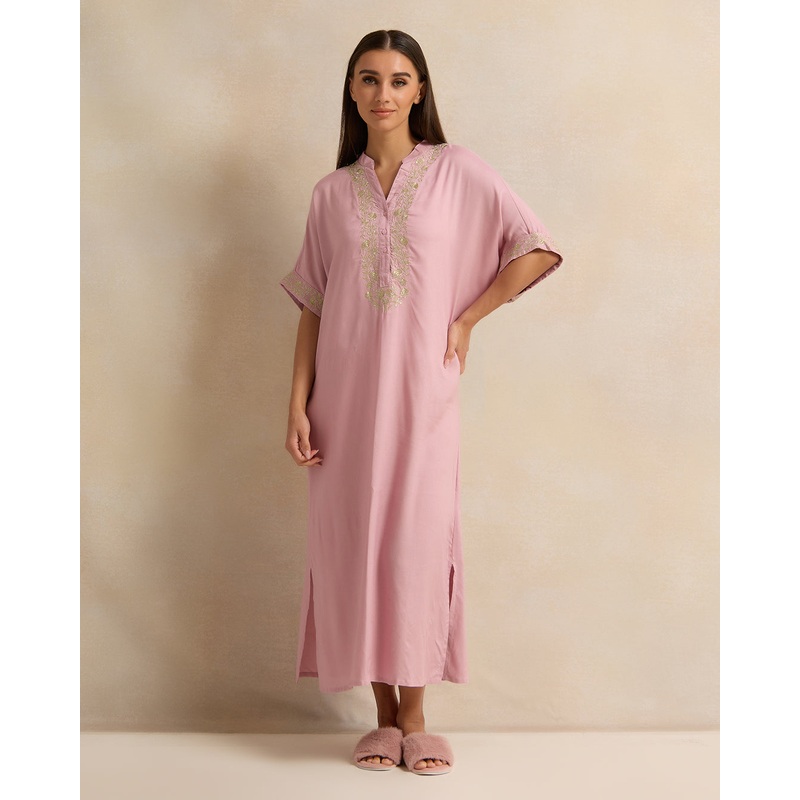Women Pink Embroidery Kaftan Nightgown