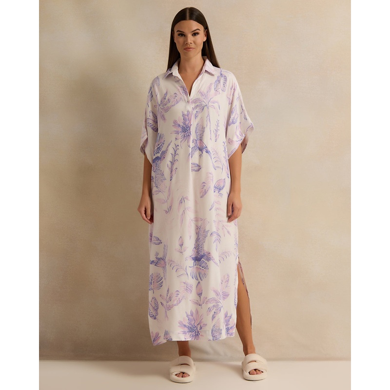 Women Pink Floral Print Collared Nightgown