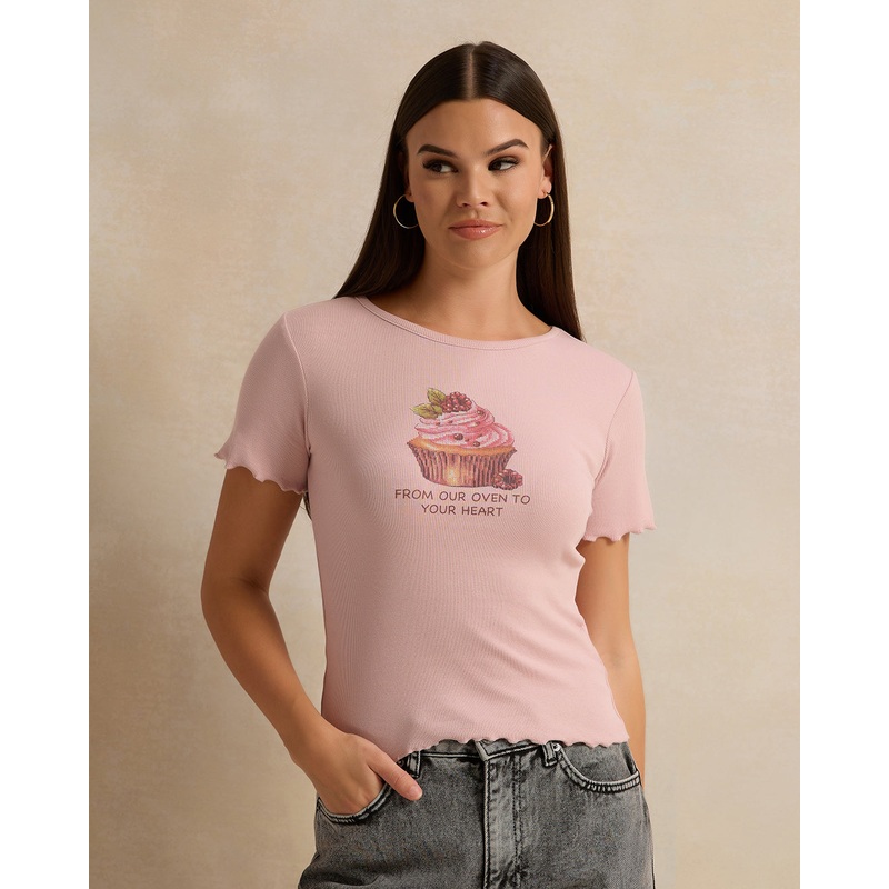 Women Pink Printed Rib T-Shirt
