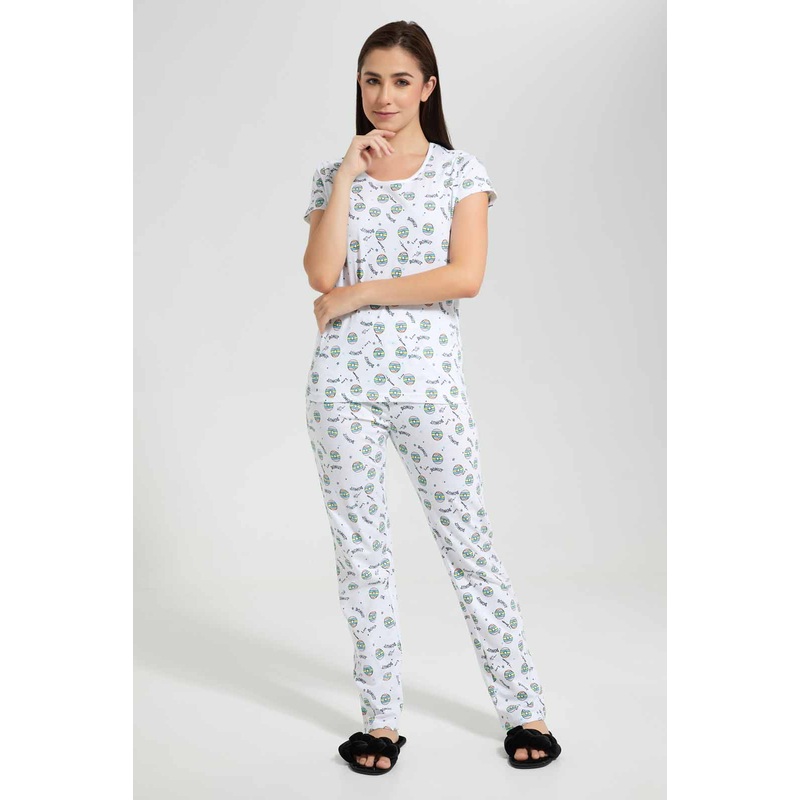 Women White Doughnut Printed Pyjama Set (2 Piece)