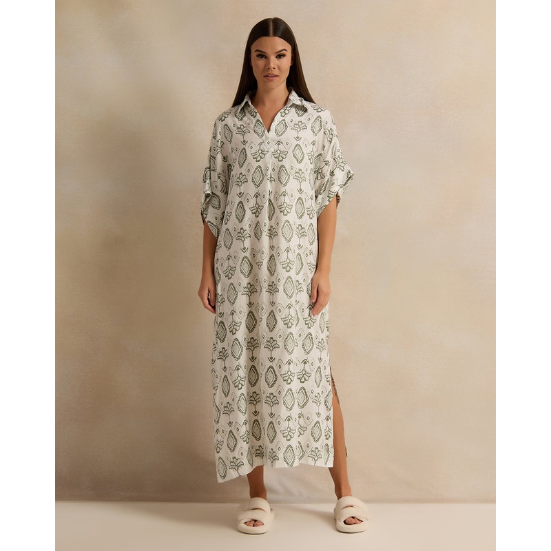 Women White Floral Print Collared Nightgown