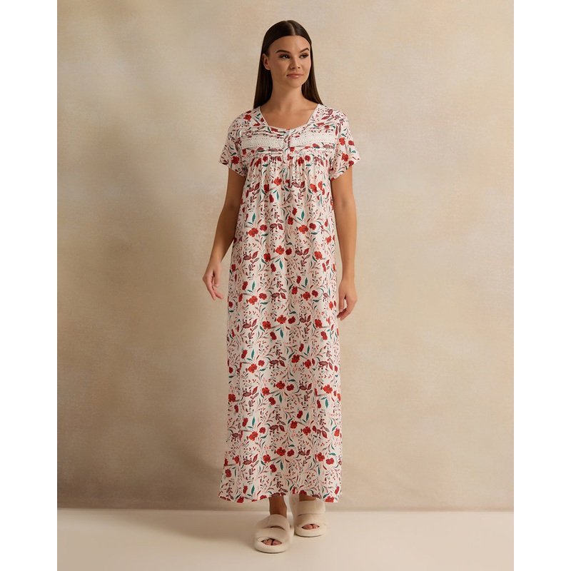 Women White Printed Lace Nightgown