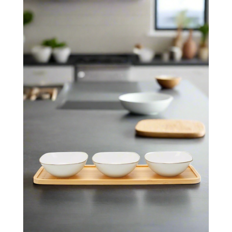 Gold Rim Snack Set With Bamboo Tray (4 Piece)