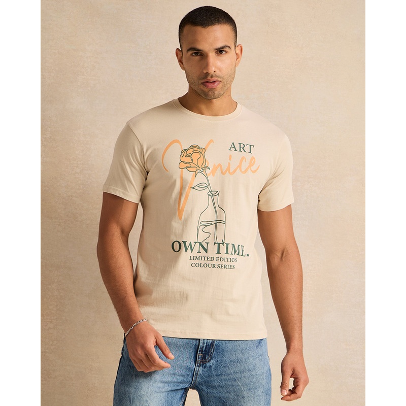 Men Beige Art Print T-Shirt|Small|Medium|Large|X-Large|XX-Large