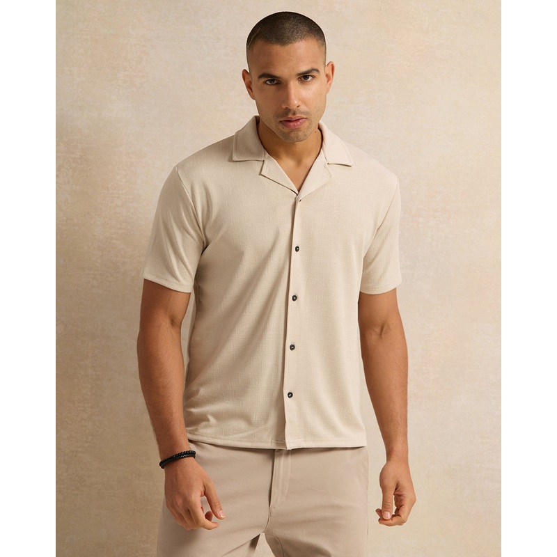 Men Beige Jacquard Short Sleeve Shirt