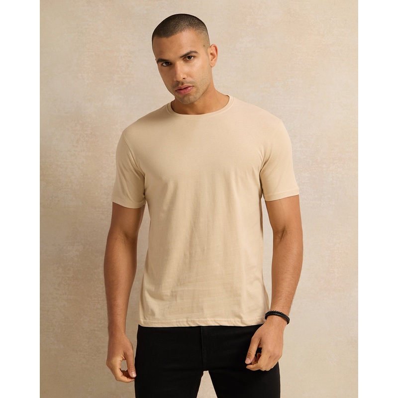 Men Beige Plain Basic T-Shirt|Small|Medium|Large|X-Large|XX-Large