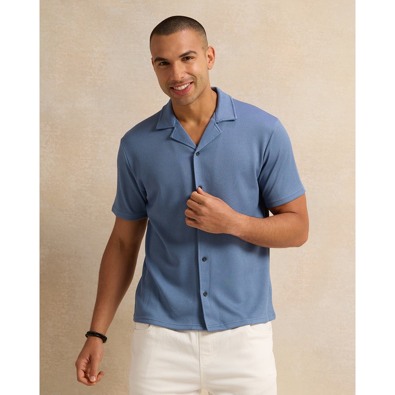 Men Blue Jacquard Short Sleeve Shirt