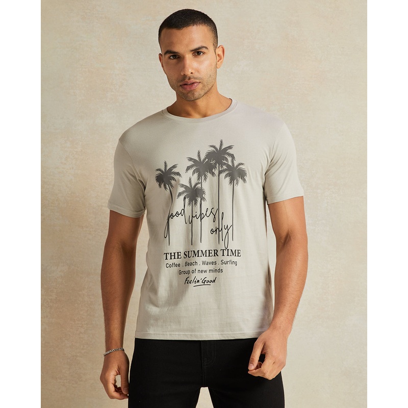 Men Grey Summer Time Print T-Shirt