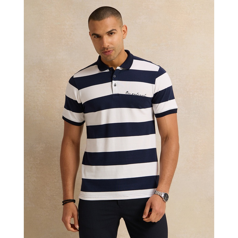 Men Navy And White Striped Polo Shirt