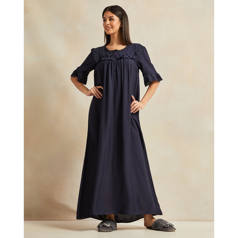 Men Navy Frill Lace Nightgown|UK10|UK12|UK14|UK16|UK18|UK20