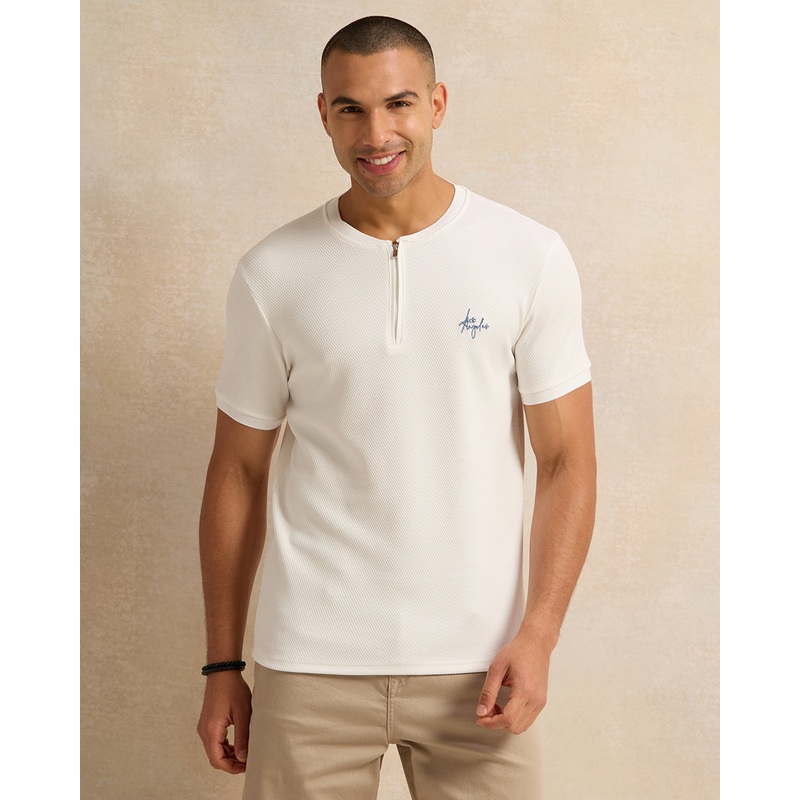 Men White Jacquard Zip Front T-Shirt