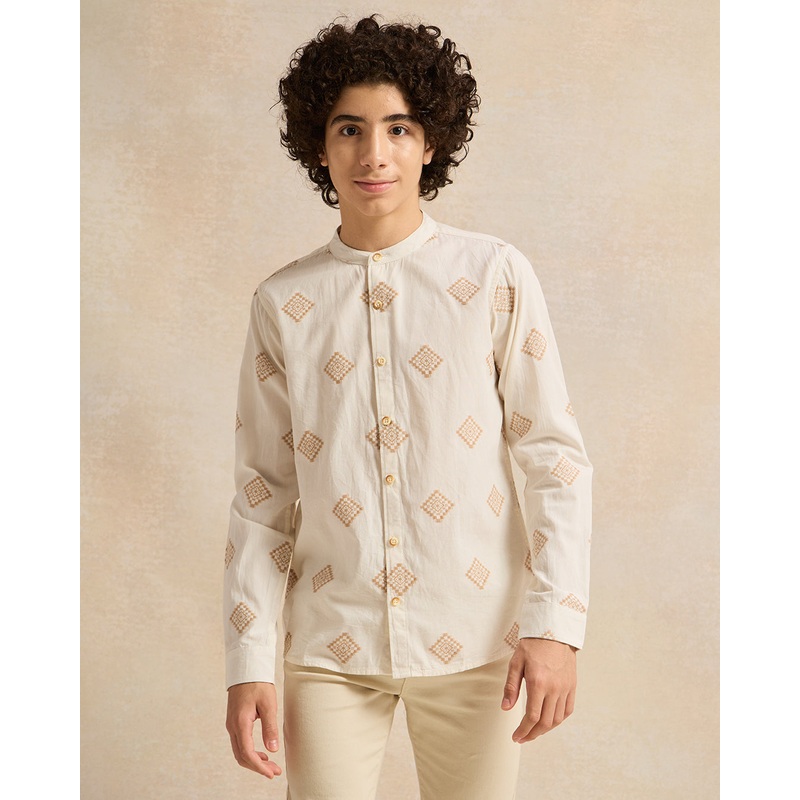 Senior Boys White Long Sleeve Jacquard Shirt