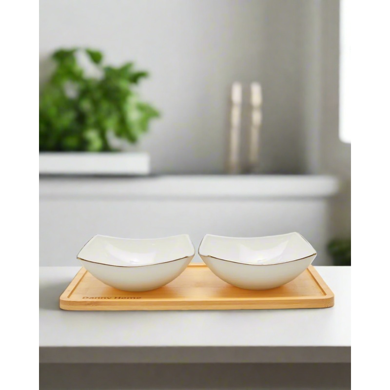White Snack Set With Bamboo Tray (3 Piece)