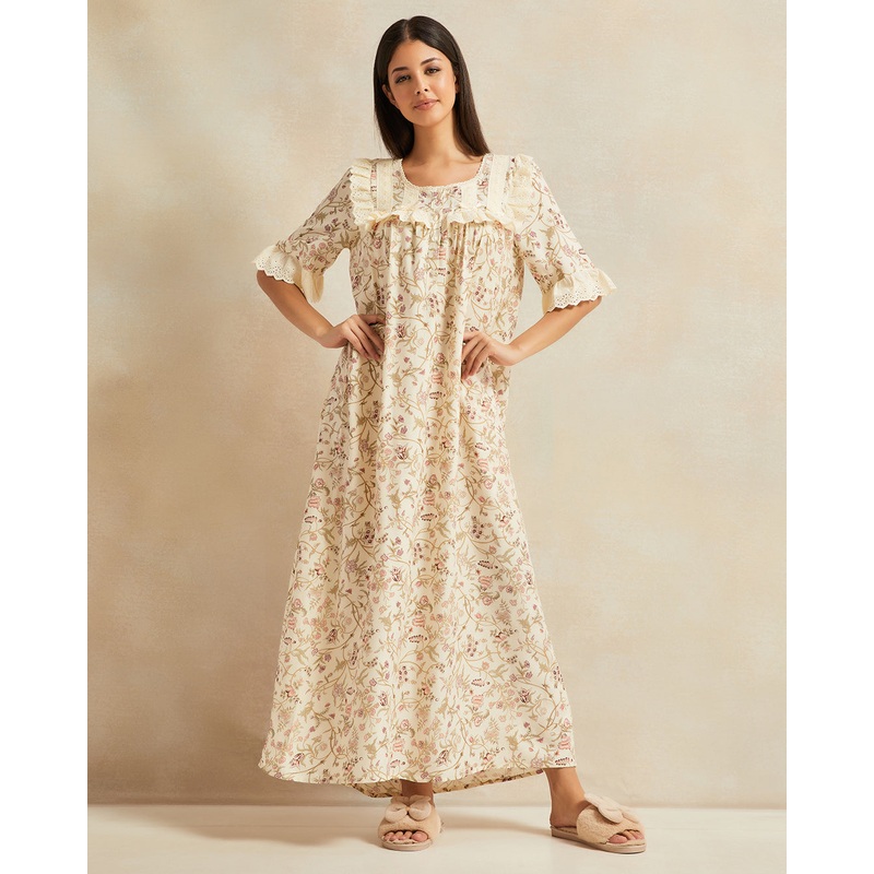 Women Beige Frill Lace Nightgown