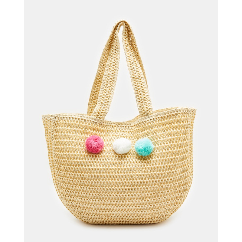 Women Beige Textured Beach Bag With Pom Pom