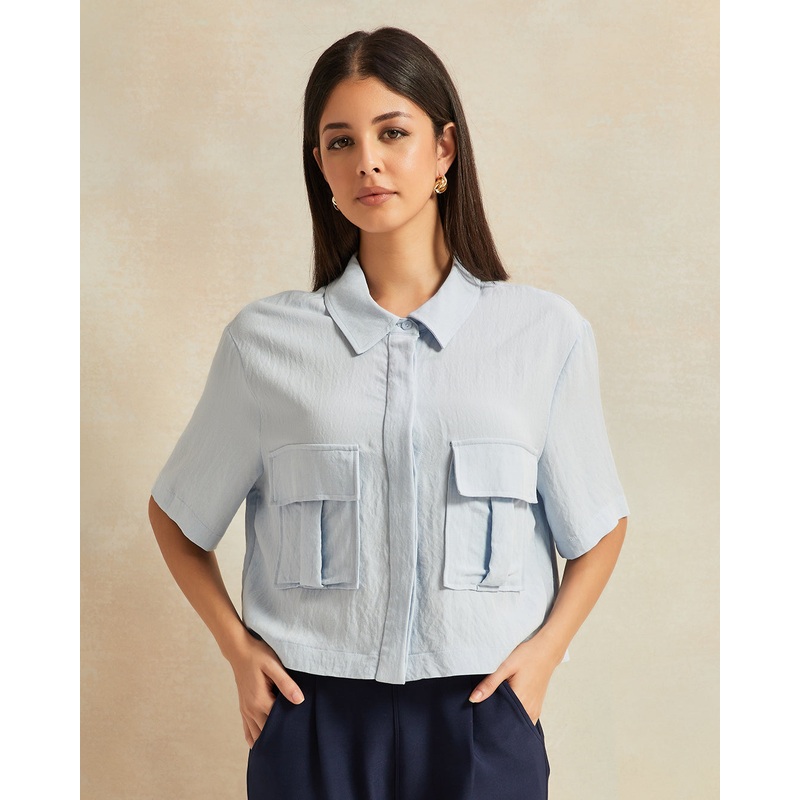 Women Blue Pocket Detailed Shirt
