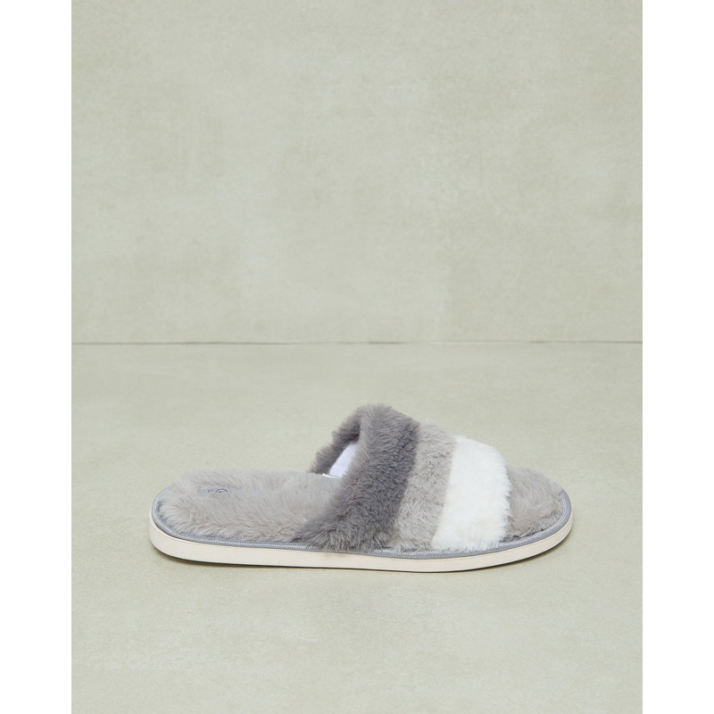 Women Grey Striped Fur Slipper