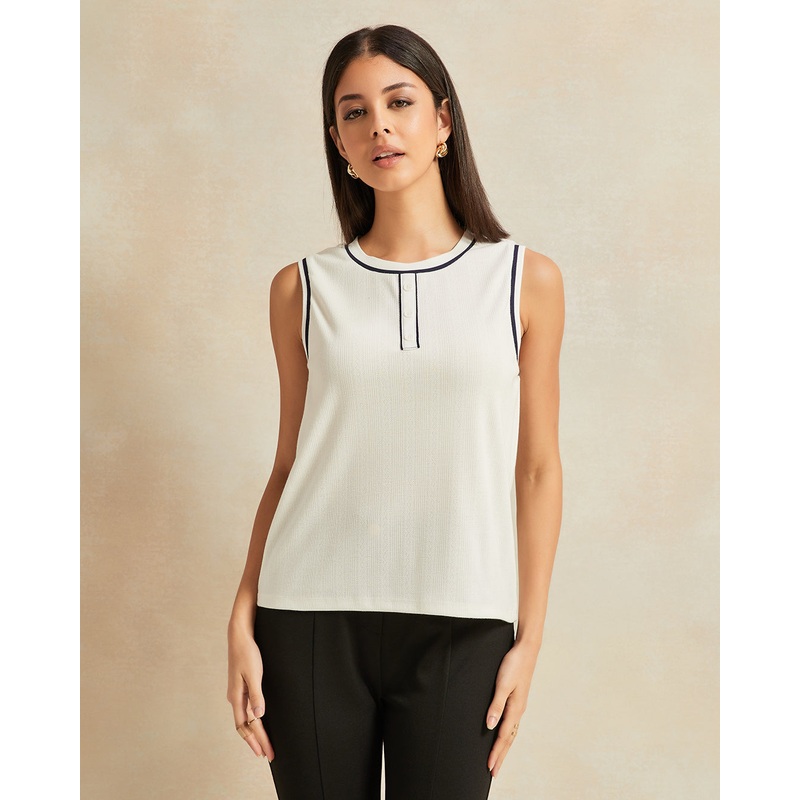 Women Ivory Piping Detailed Jacquard Top