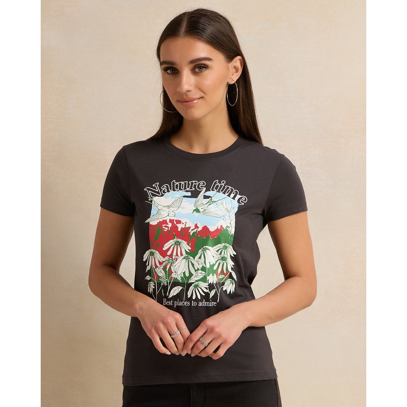 Women Short Sleeve Charcoal Printed T-Shirt