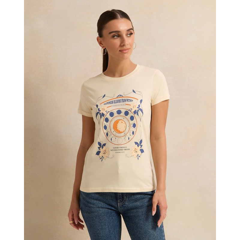 Women Short Sleeve Cream Printed T-Shirt