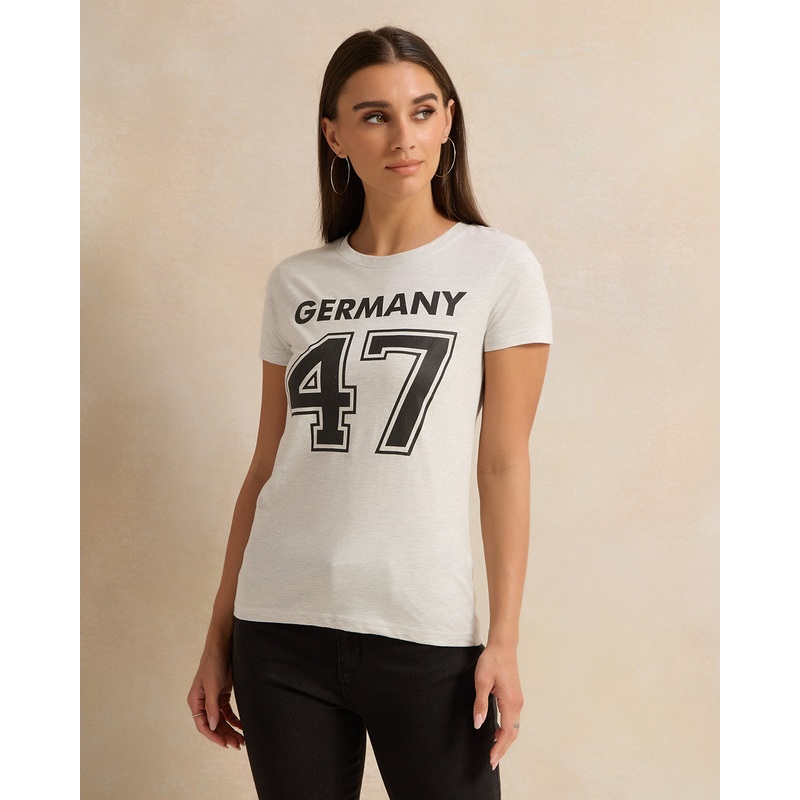 Women Short Sleeve Grey Printed T-Shirt