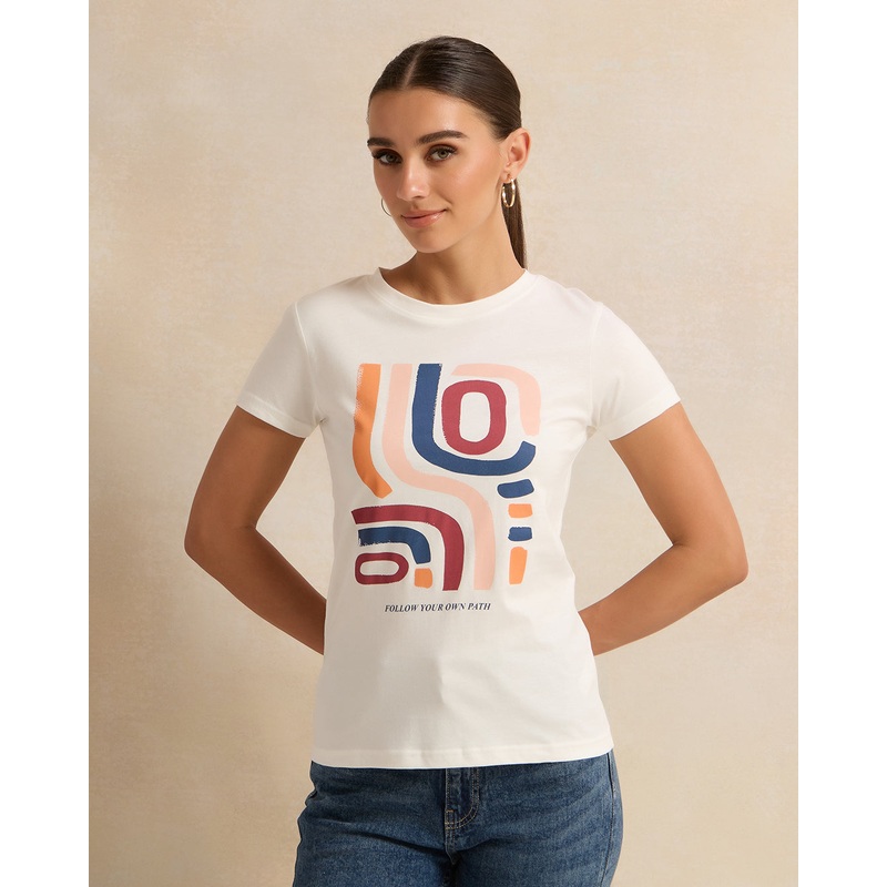 Women Short Sleeve Ivory Printed T-Shirt