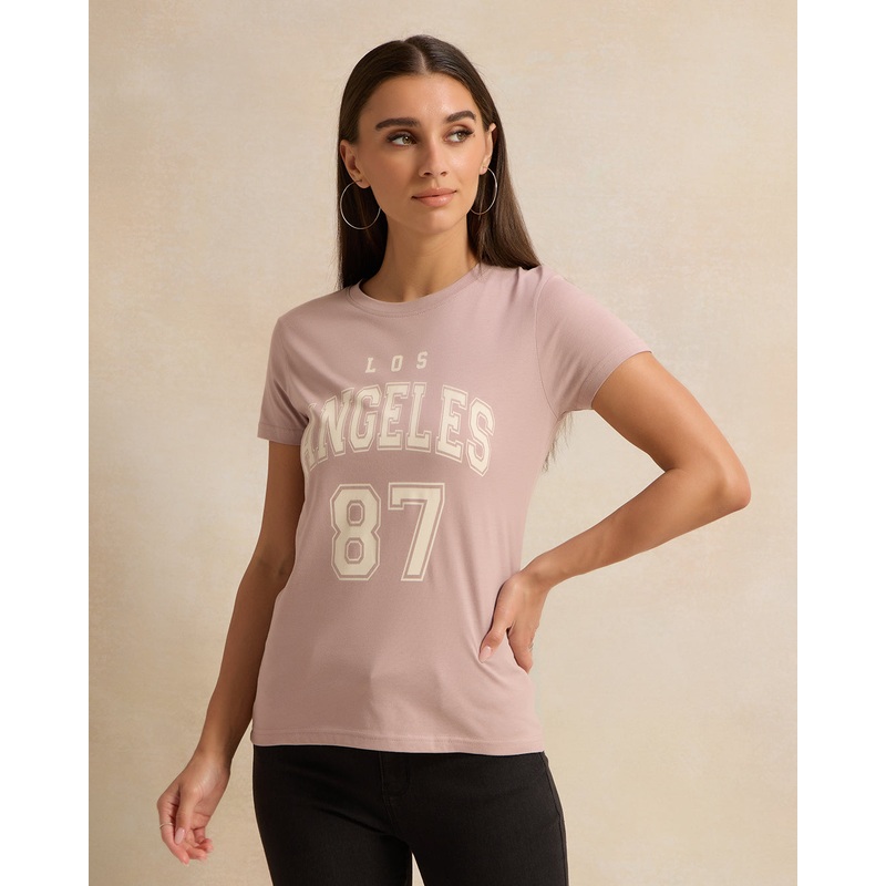 Women Short Sleeve Mauve Printed T-Shirt