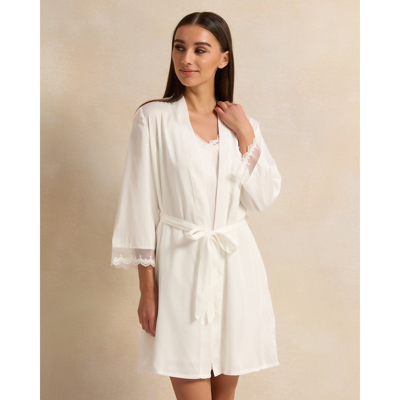 Women White Lace Embellished Robe