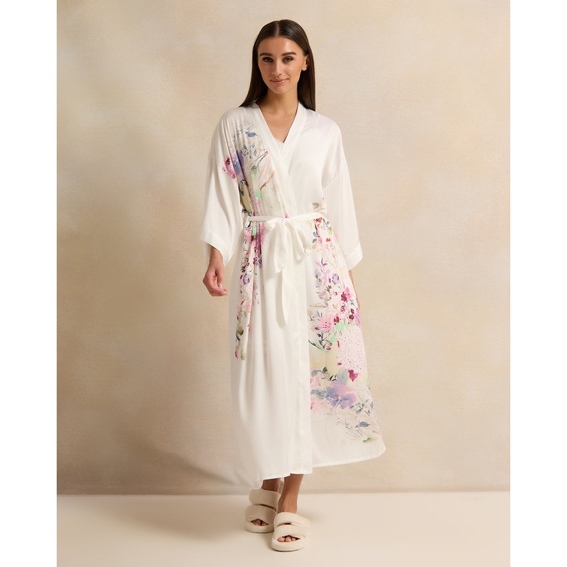 Women White Printed Long Sleeve Robe