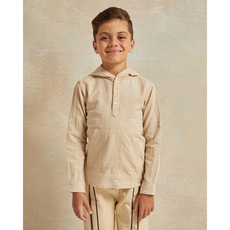 Beige Long Sleeve Hooded Linen Shirt